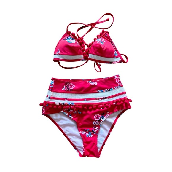 COCOSHIP Red Pom Pom High-waisted Mesh Insert Bikini Set in Floral - Picture 10 of 11